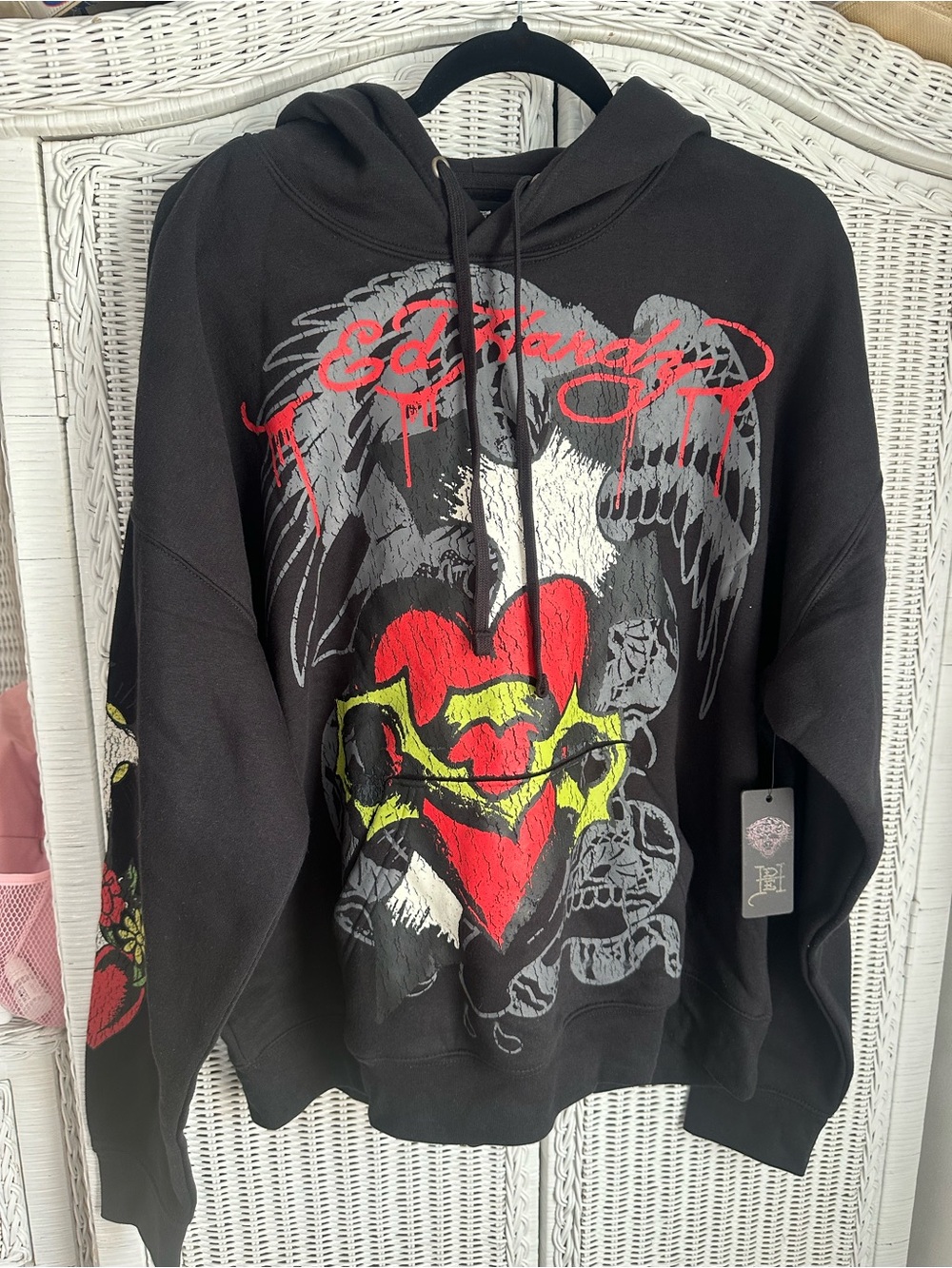 Ed Hardy Black Crewneck Sweater with Red and Yellow Heart Graphic